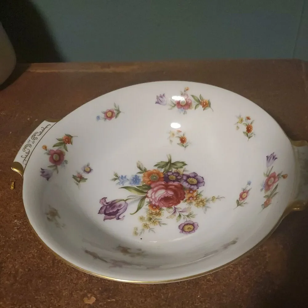 Dresdenia By Sango China Round Serving Bowl Floral With Gold Etching 1940s Vntg